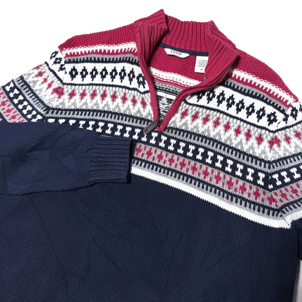 Izod Classic 1/4 Zip Fair Isle Knit Sweater Mens Medium Red White Blue Ski